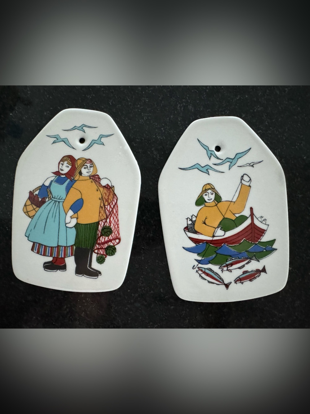 Vintage Scandinavian Fisherman Ceramic Wall Plaques - Colorful Folk Art
